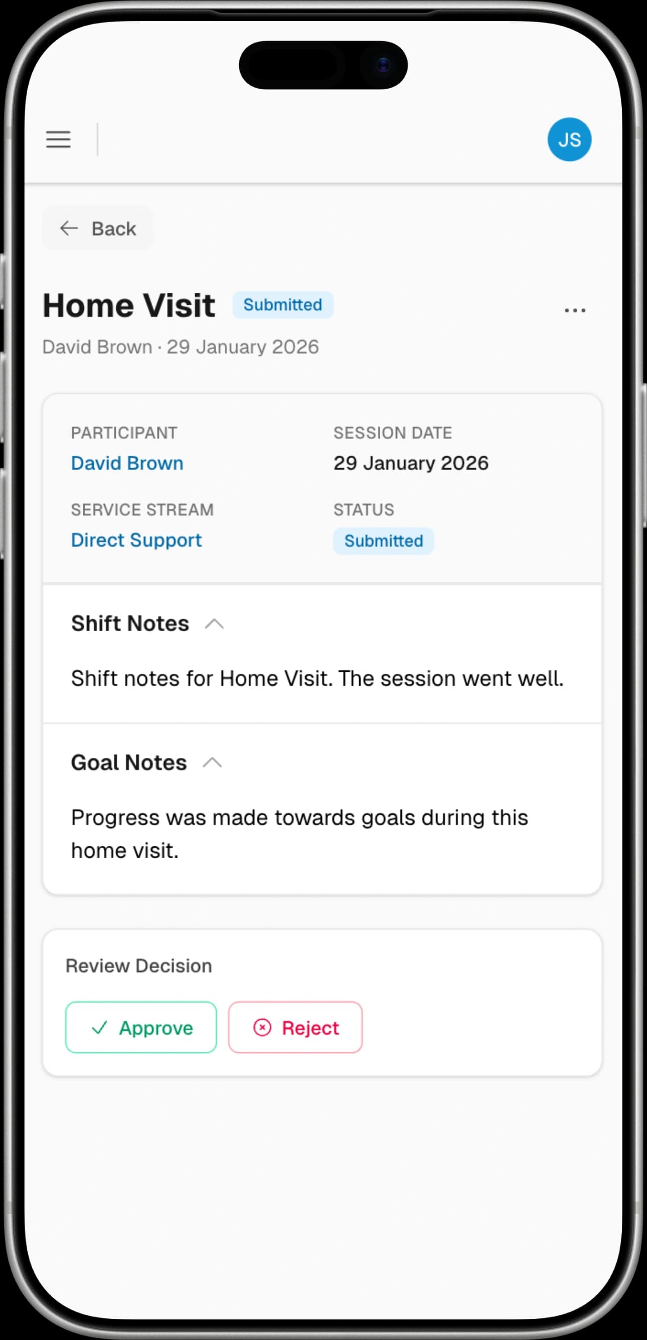 MyCaseNote case note details on iPhone