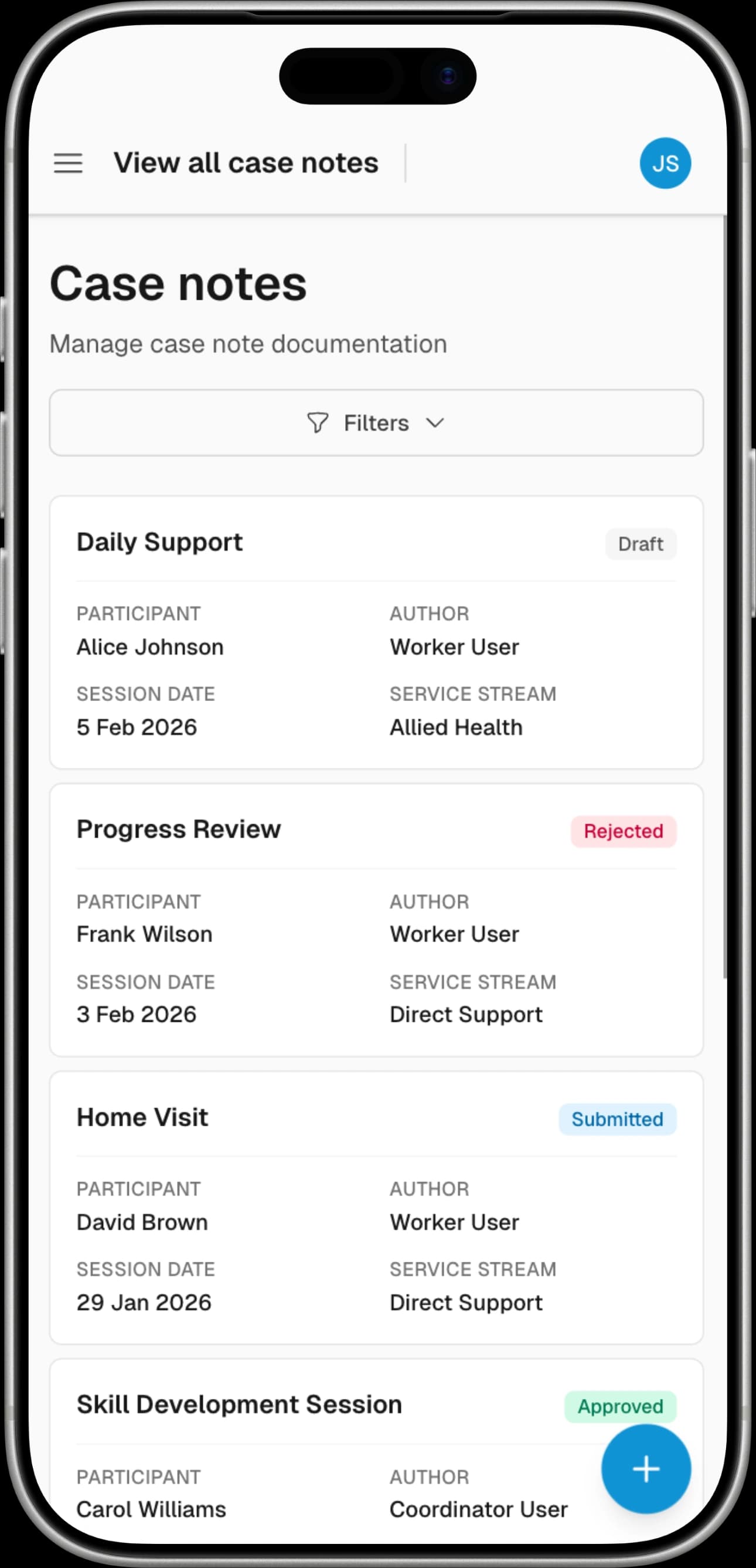 MyCaseNote on iPhone showing case notes list