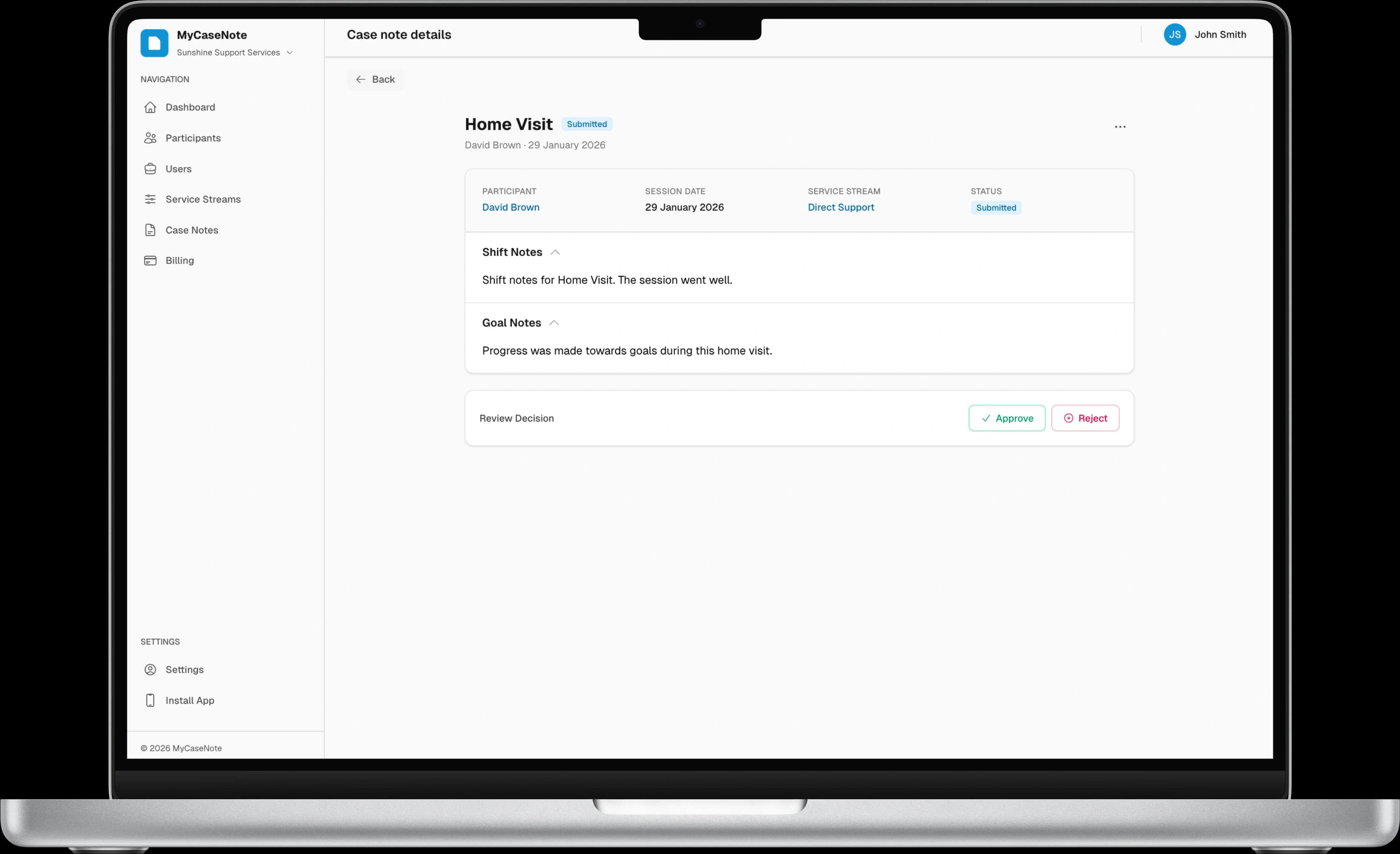 MyCaseNote case note detail view showing an approved note on MacBook