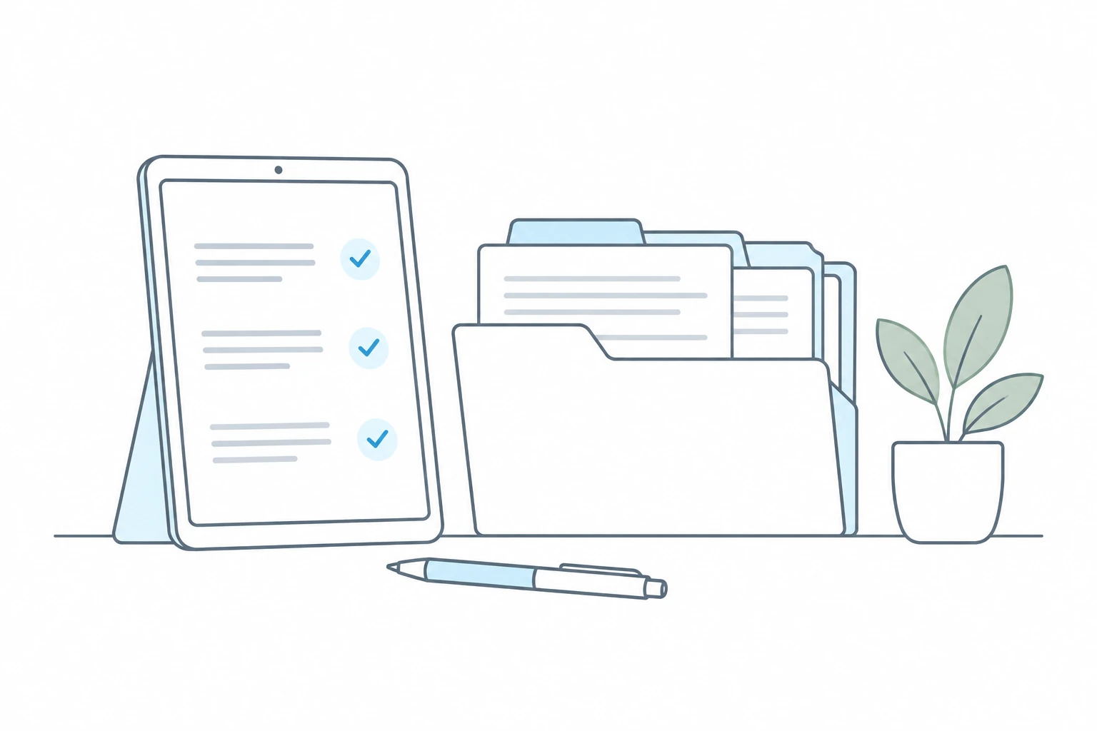 Fine-line illustration of a tablet with completed notes beside an organised document folder, pen and plant