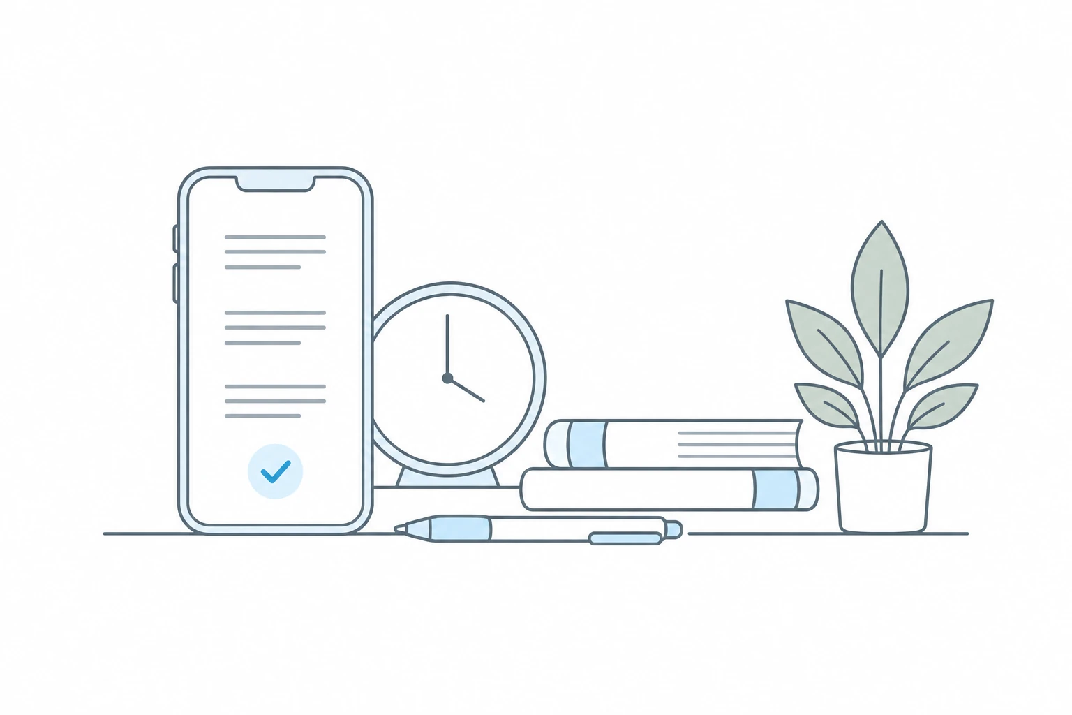 Fine-line illustration of completed notes on a phone beside a clock, books and a plant